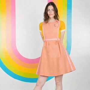 Big Bud Press Apron Dress Women XS Peach Pink Shop Girl Cotton Retro 70s Mod USA